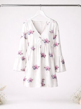 White Floral /Pink Mini Dress Boho Feminine Size Small
